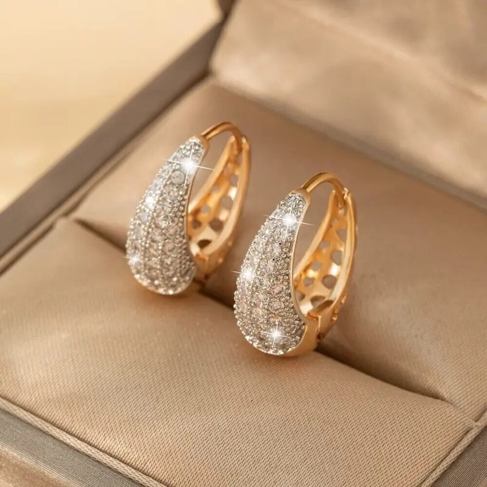 Pave Crystal Huggie Earrings Gold Tone Oval Sparkly Hoops NEW